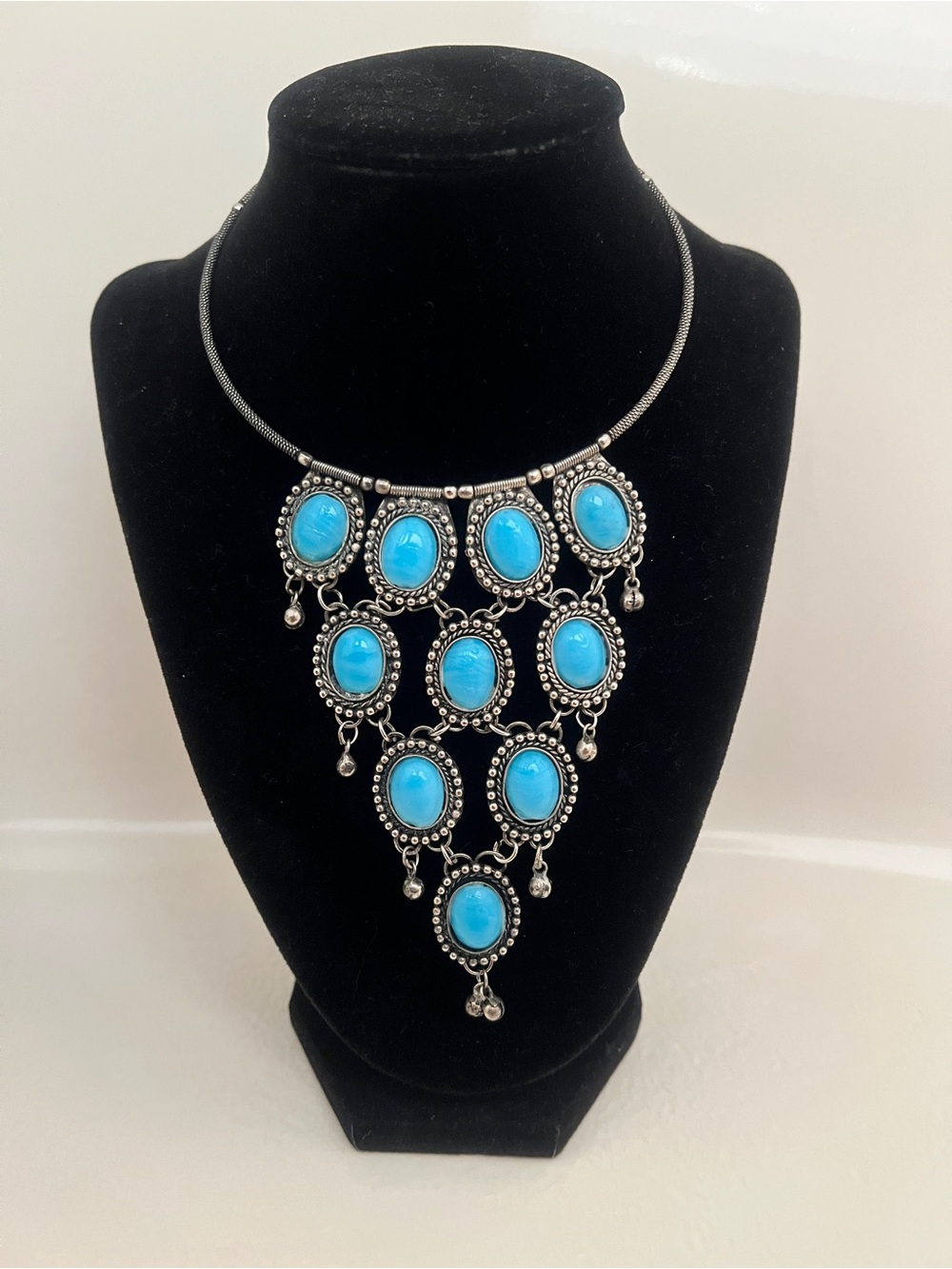 Vintage Faux Turquoise Statement Bib Necklace, Silver Tone